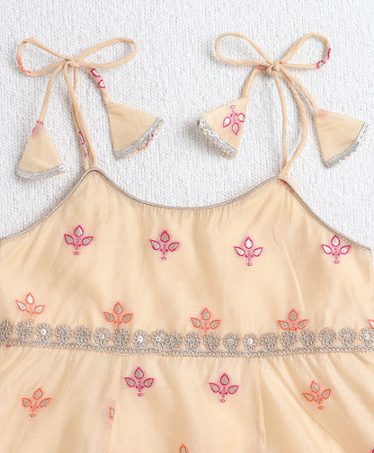 Woven Shoulder Tie Up Chanderi Butti Kurti and Bottom Set- Yellow