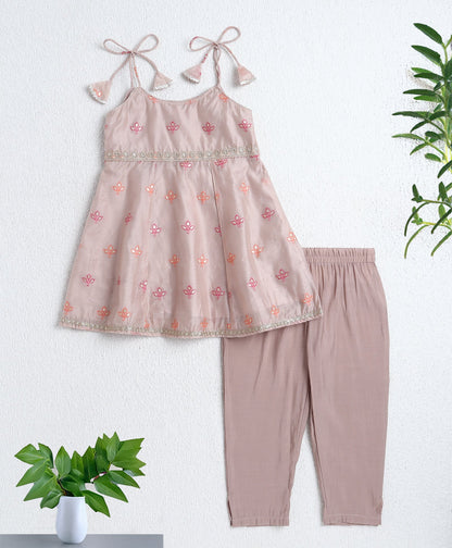 Woven Shoulder Tie Up Chanderi Butti Kurti and Bottom Set- Fawn