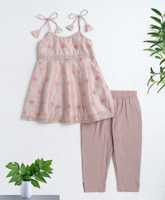 Woven Shoulder Tie Up Chanderi Butti Kurti and Bottom Set- Fawn