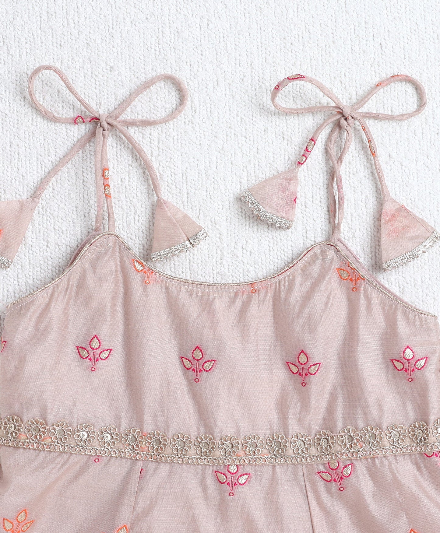 Woven Shoulder Tie Up Chanderi Butti Kurti and Bottom Set- Fawn