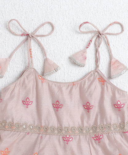 Woven Shoulder Tie Up Chanderi Butti Kurti and Bottom Set- Fawn
