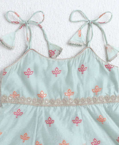 Woven Shoulder Tie Up Chanderi Butti Kurti and Bottom Set- Green