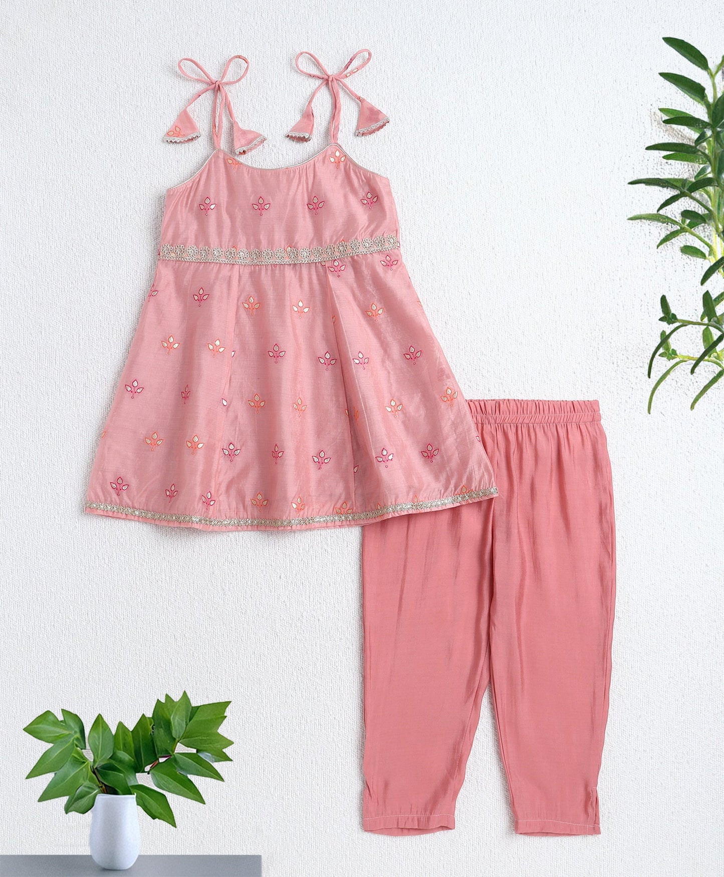 Woven Shoulder Tie Up Chanderi Butti Kurti and Bottom Set- Pink