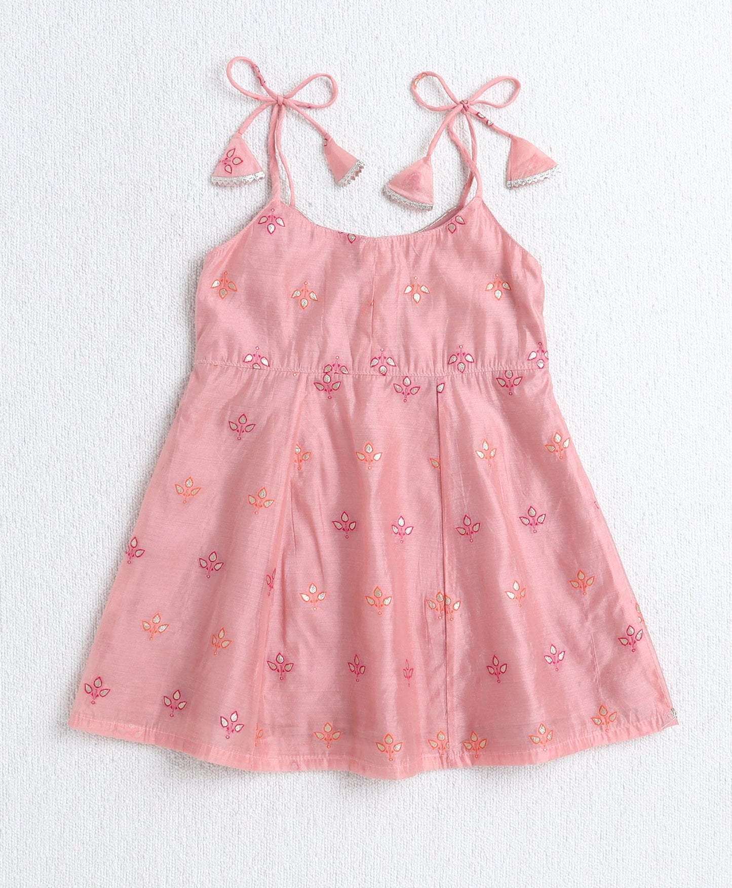 Woven Shoulder Tie Up Chanderi Butti Kurti and Bottom Set- Pink