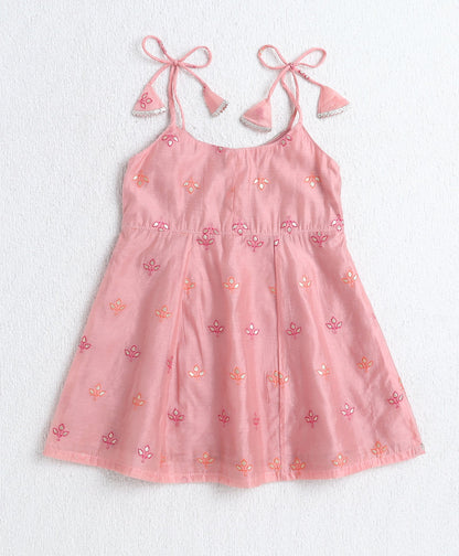 Woven Shoulder Tie Up Chanderi Butti Kurti and Bottom Set- Pink