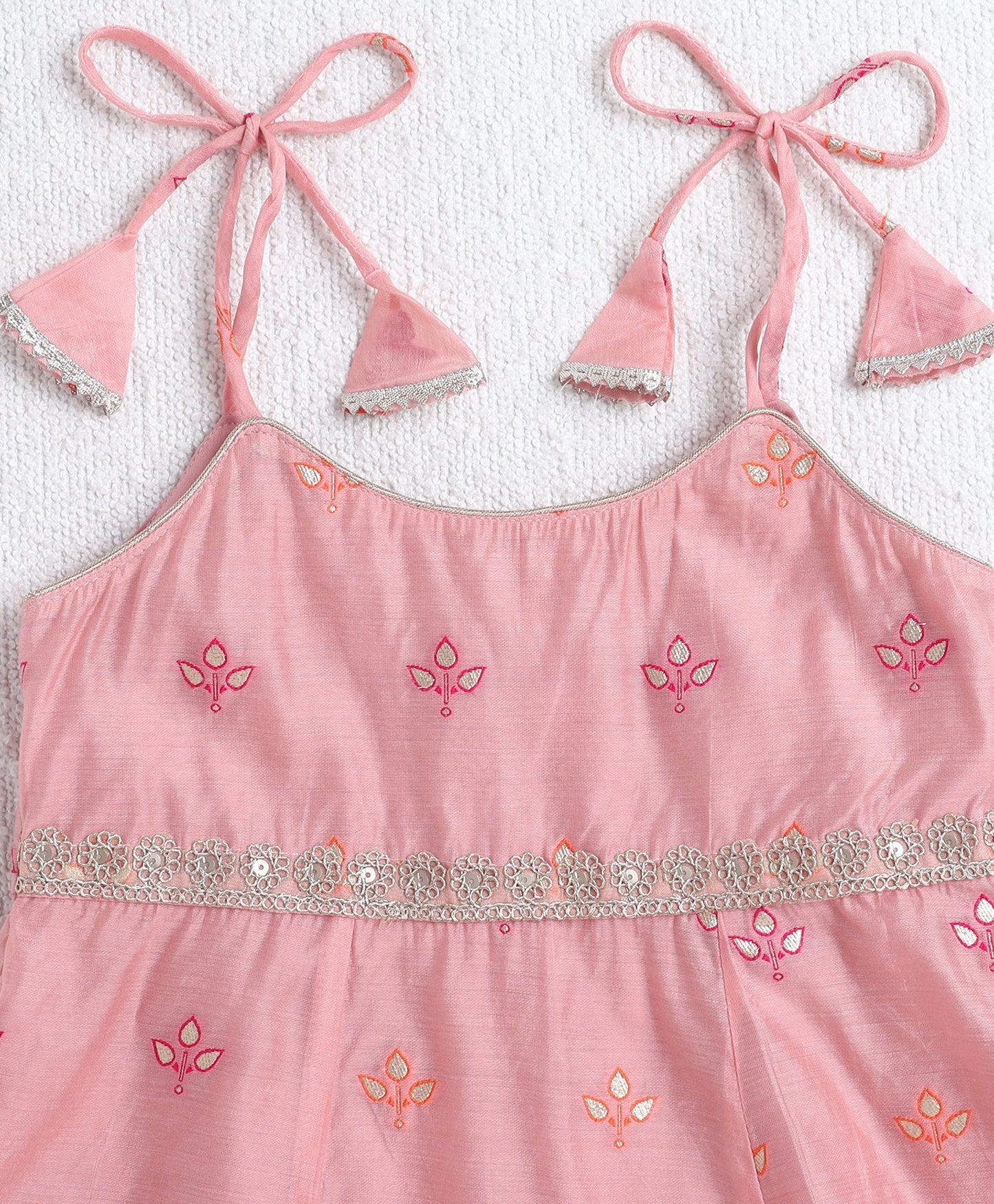 Woven Shoulder Tie Up Chanderi Butti Kurti and Bottom Set- Pink