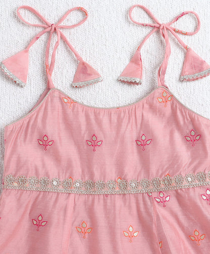 Woven Shoulder Tie Up Chanderi Butti Kurti and Bottom Set- Pink