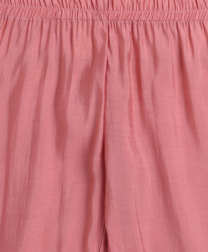 Woven Shoulder Tie Up Chanderi Butti Kurti and Bottom Set- Pink