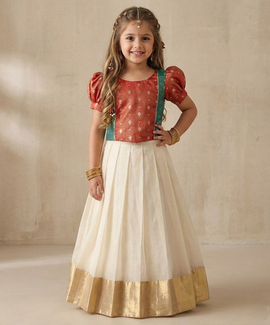 The Magic Wand Jacquard Puff Sleeves Lace Embellished Pattu Pavadai Lehenga Choli Set - Maroon