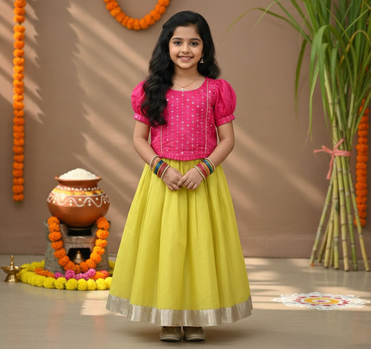 The Magic Wand Woven Puff Sleeves Sequin & Lace Embellished Pattu Pavadai Lehenga Choli Set - Fuchsia