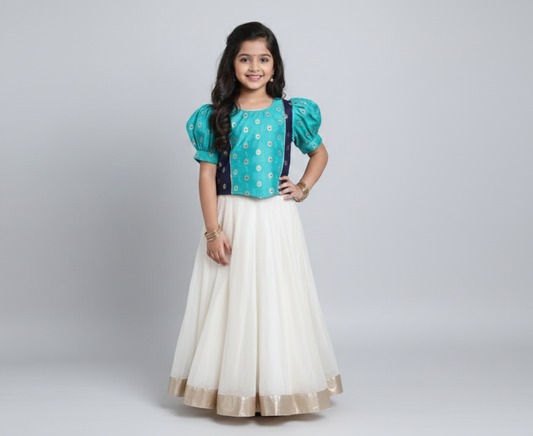 The Magic Wand Jacquard Puff Sleeves Lace Embellished Pattu Pavadai Lehenga Choli Set - Teal Green