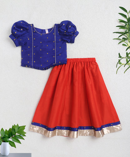 The Magic Wand Woven Zari Butti Puff Sleeves Top & Laced Lehenga Choli Set- Blue