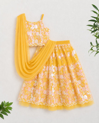 The Magic Wand Net Sequin Embroidered Lehenga Set with Dupatta - Yellow