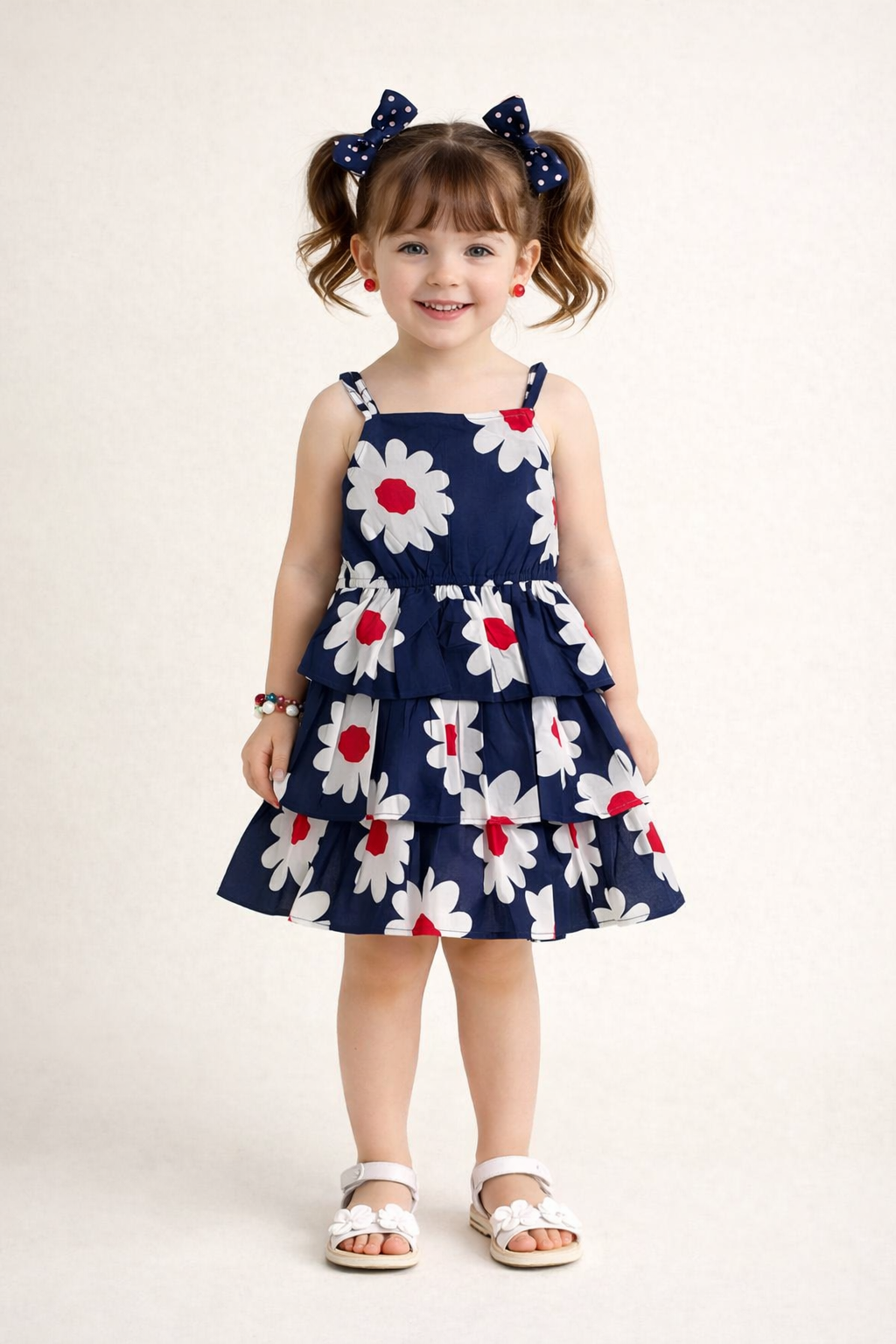 The Magic Wand Cotton Woven Stappy Floral Tiered Dress -  Navy Blue