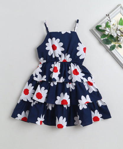The Magic Wand Cotton Woven Stappy Floral Tiered Dress -  Navy Blue