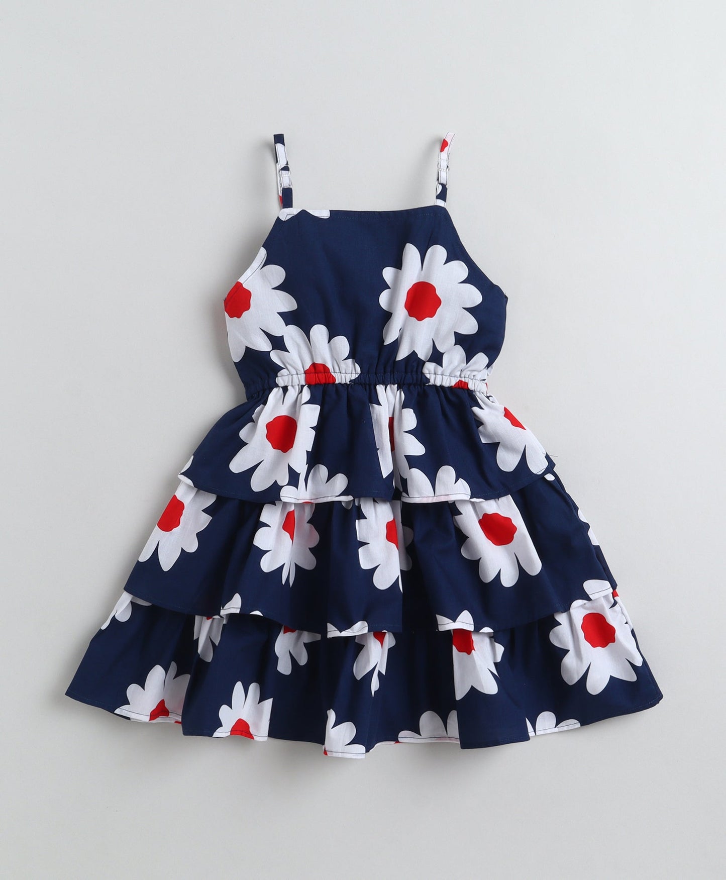 The Magic Wand Cotton Woven Stappy Floral Tiered Dress -  Navy Blue