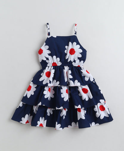 The Magic Wand Cotton Woven Stappy Floral Tiered Dress -  Navy Blue