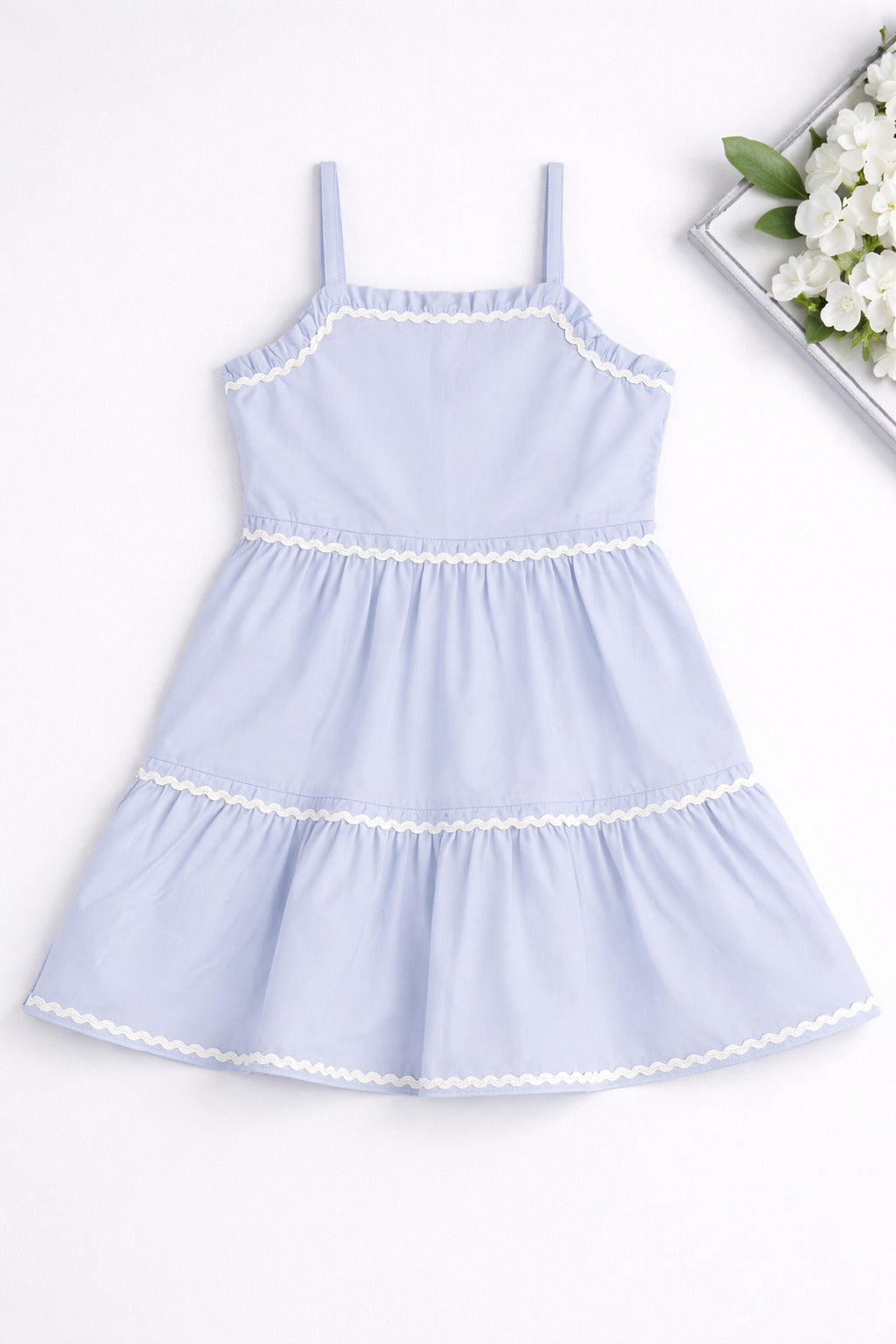 The Magic Wand Cotton Woven Strappy Ric Rac Tiered Dress - Blue