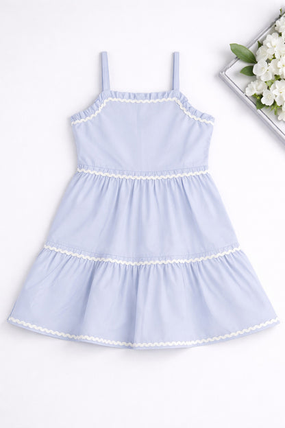 The Magic Wand Cotton Woven Strappy Ric Rac Tiered Dress - Blue
