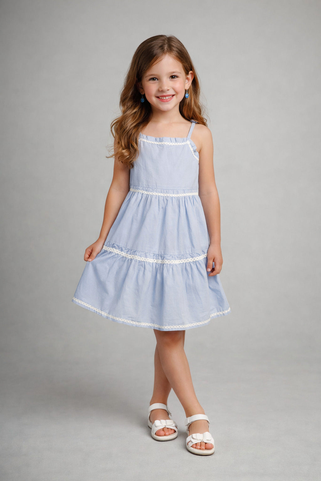 The Magic Wand Cotton Woven Strappy Ric Rac Tiered Dress - Blue
