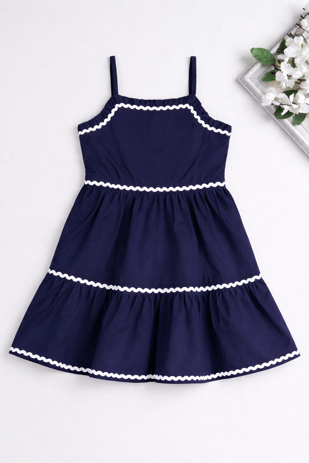 The Magic Wand Cotton Woven Strappy Ric Rac Tiered Dress - Navy Blue