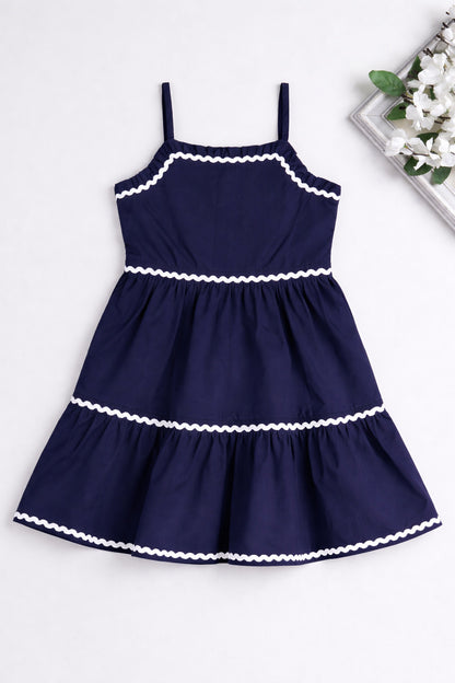 The Magic Wand Cotton Woven Strappy Ric Rac Tiered Dress - Navy Blue