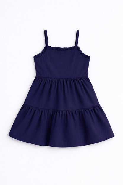 The Magic Wand Cotton Woven Strappy Ric Rac Tiered Dress - Navy Blue