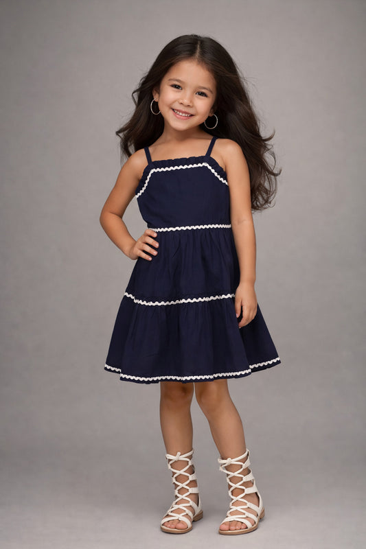 The Magic Wand Cotton Woven Strappy Ric Rac Tiered Dress - Navy Blue