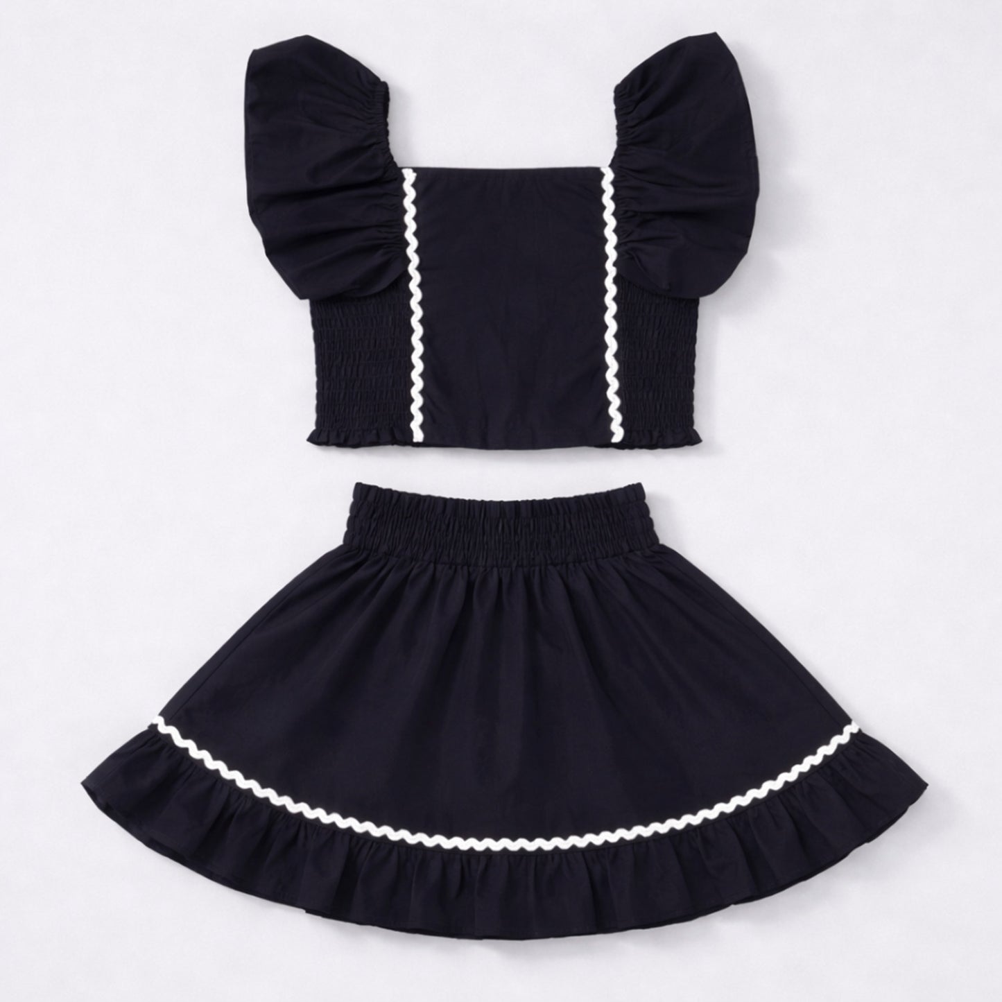 The Magic Wand Woven Ruffle Sleeves Ric Rac Laced Smocking Top And Skirt Set - Black