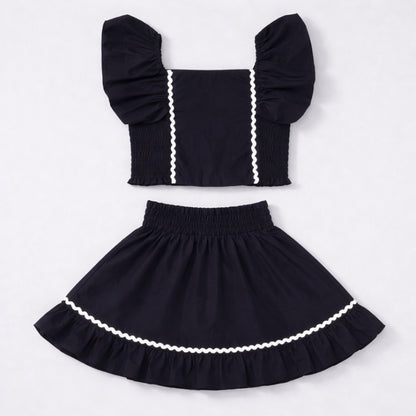 The Magic Wand Woven Ruffle Sleeves Ric Rac Laced Smocking Top And Skirt Set - Black