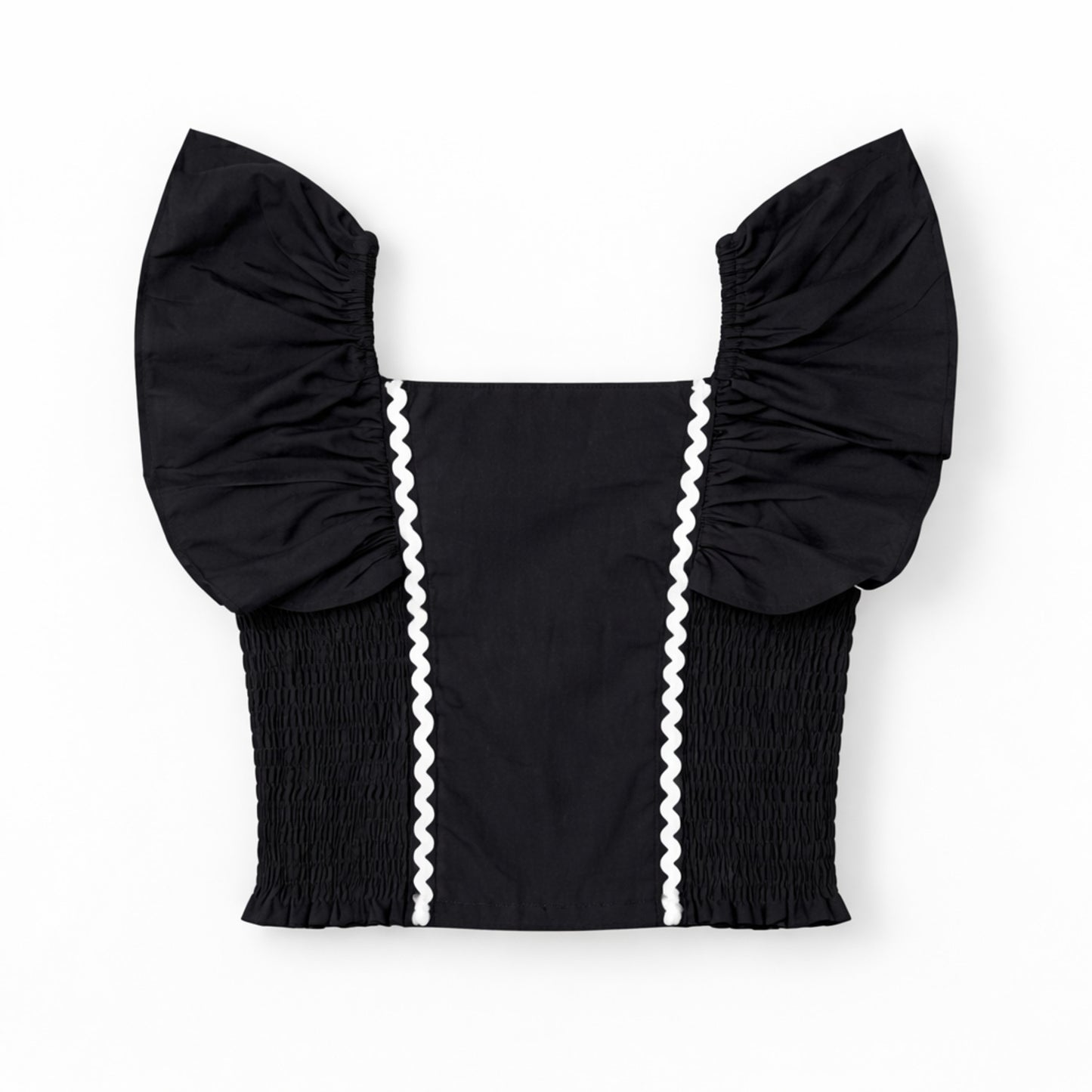 The Magic Wand Woven Ruffle Sleeves Ric Rac Laced Smocking Top And Skirt Set - Black