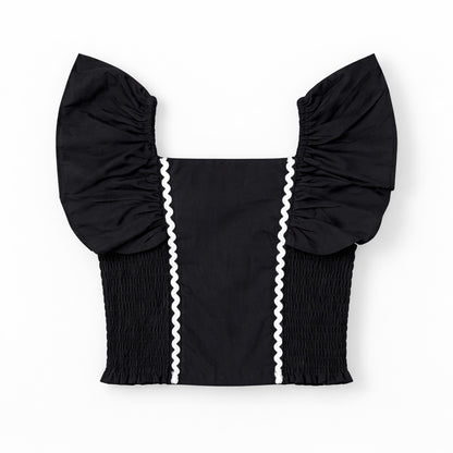 The Magic Wand Woven Ruffle Sleeves Ric Rac Laced Smocking Top And Skirt Set - Black