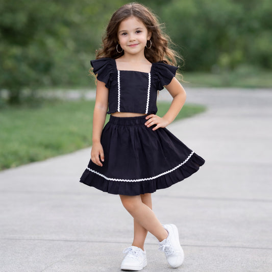 The Magic Wand Woven Ruffle Sleeves Ric Rac Laced Smocking Top And Skirt Set - Black