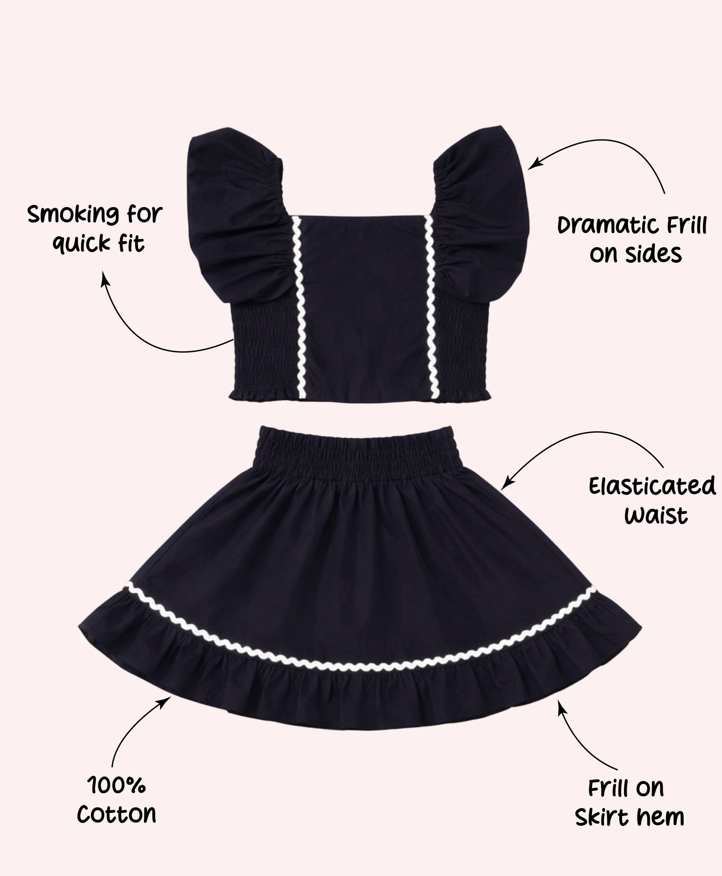 The Magic Wand Woven Ruffle Sleeves Ric Rac Laced Smocking Top And Skirt Set - Black