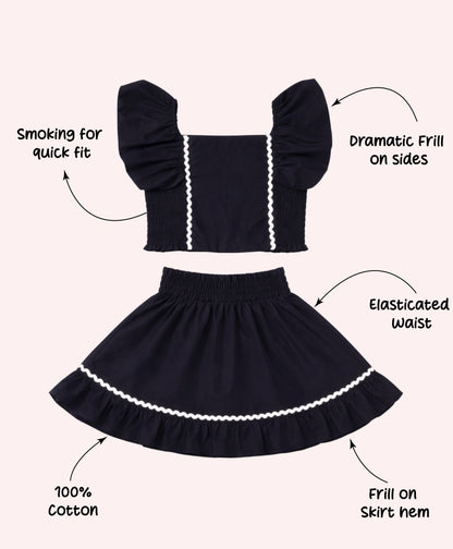 The Magic Wand Woven Ruffle Sleeves Ric Rac Laced Smocking Top And Skirt Set - Black