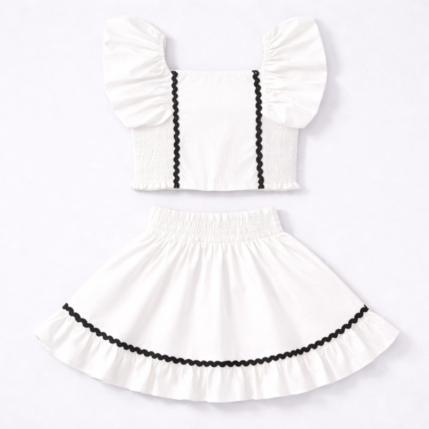 The Magic Wand Woven Ruffle Sleeves Ric Rac Laced Smocking Top And Skirt Set - White