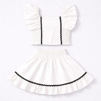The Magic Wand Woven Ruffle Sleeves Ric Rac Laced Smocking Top And Skirt Set - White