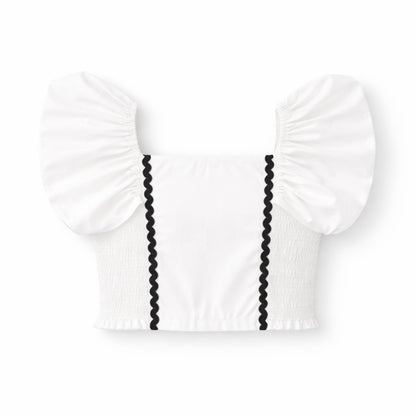 The Magic Wand Woven Ruffle Sleeves Ric Rac Laced Smocking Top And Skirt Set - White