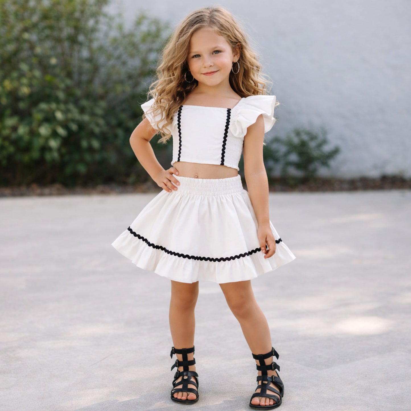 The Magic Wand Woven Ruffle Sleeves Ric Rac Laced Smocking Top And Skirt Set - White