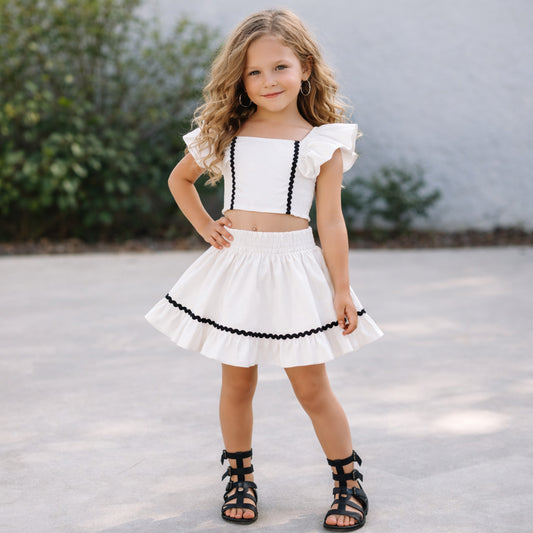 The Magic Wand Woven Ruffle Sleeves Ric Rac Laced Smocking Top And Skirt Set - White