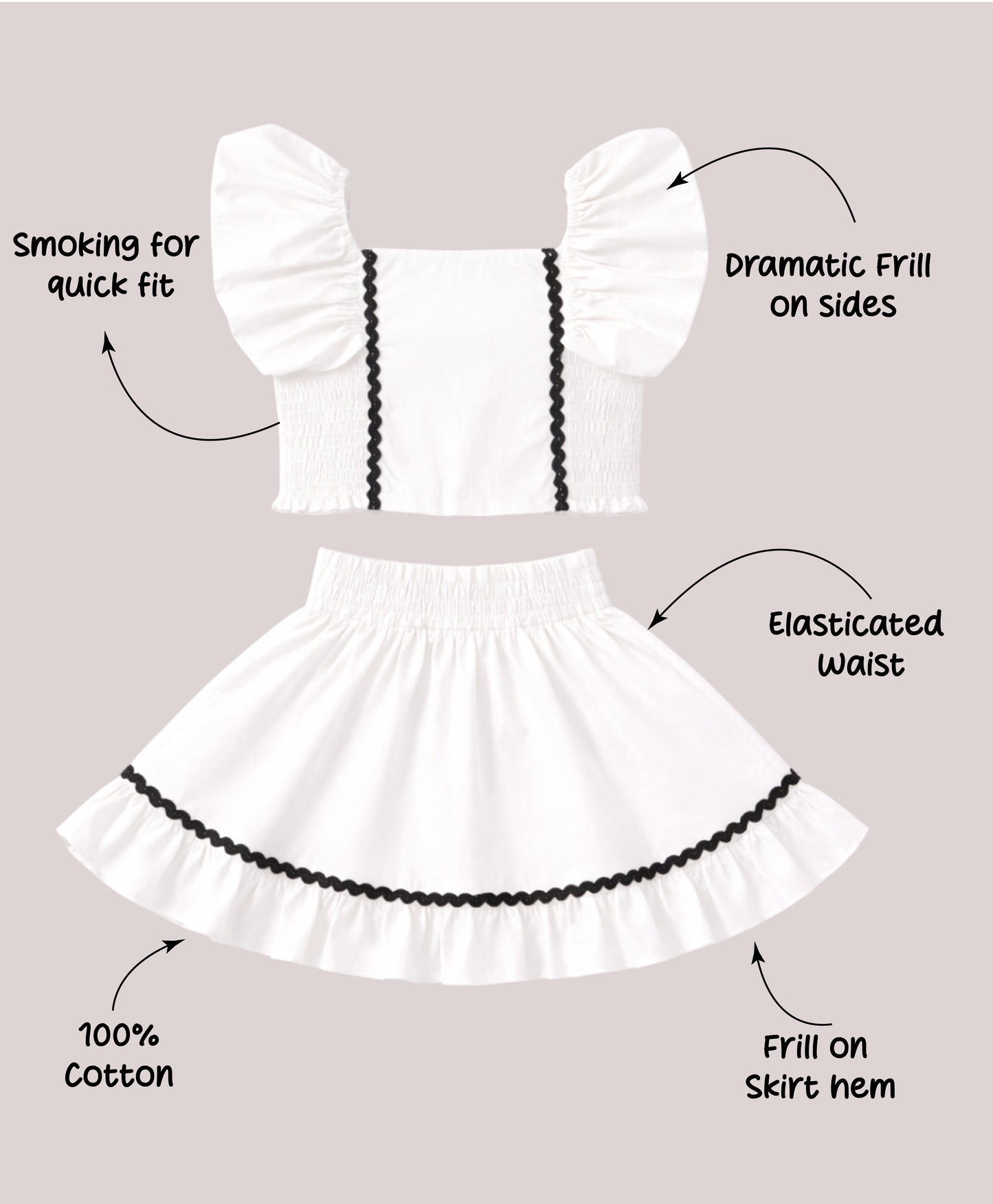 The Magic Wand Woven Ruffle Sleeves Ric Rac Laced Smocking Top And Skirt Set - White