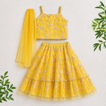 The Magic Wand Woven Strappy Floral Sequine Embroidered Choli And Lehenga Set With Dupatta - Yellow