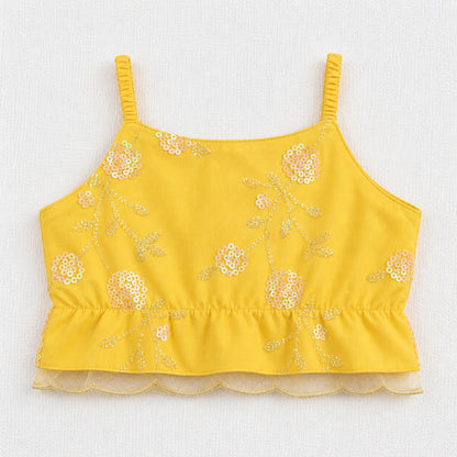 The Magic Wand Woven Strappy Floral Sequine Embroidered Choli And Lehenga Set With Dupatta - Yellow