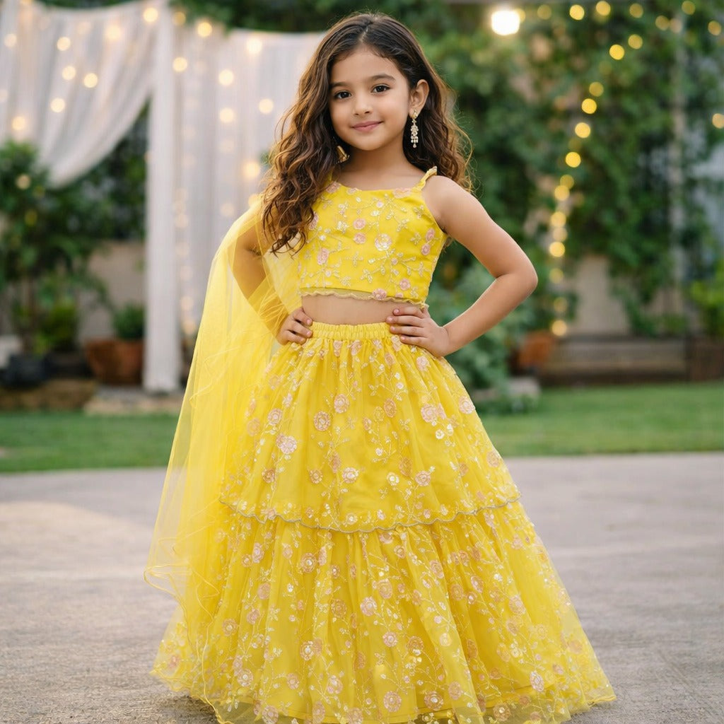 The Magic Wand Woven Strappy Floral Sequine Embroidered Choli And Lehenga Set With Dupatta - Yellow