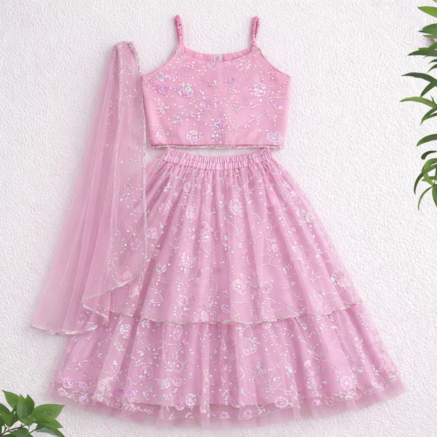 The Magic Wand Woven Strappy Floral Sequine Embroidered Choli And Lehenga Set With Dupatta - Pink