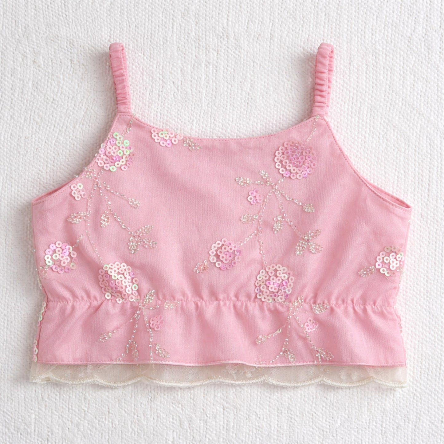 The Magic Wand Woven Strappy Floral Sequine Embroidered Choli And Lehenga Set With Dupatta - Pink