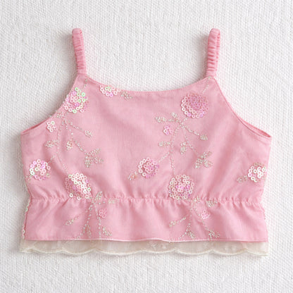 The Magic Wand Woven Strappy Floral Sequine Embroidered Choli And Lehenga Set With Dupatta - Pink