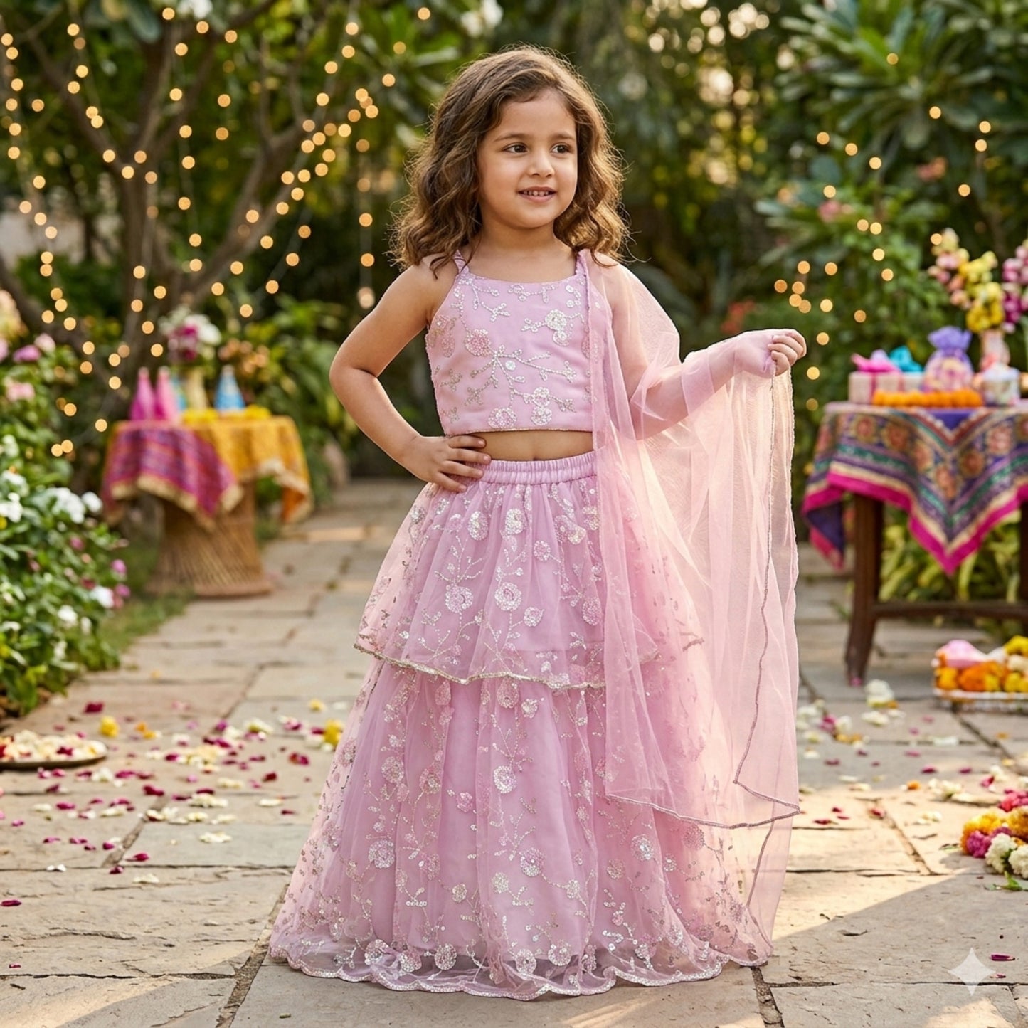 The Magic Wand Woven Strappy Floral Sequine Embroidered Choli And Lehenga Set With Dupatta - Pink