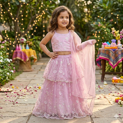 The Magic Wand Woven Strappy Floral Sequine Embroidered Choli And Lehenga Set With Dupatta - Pink