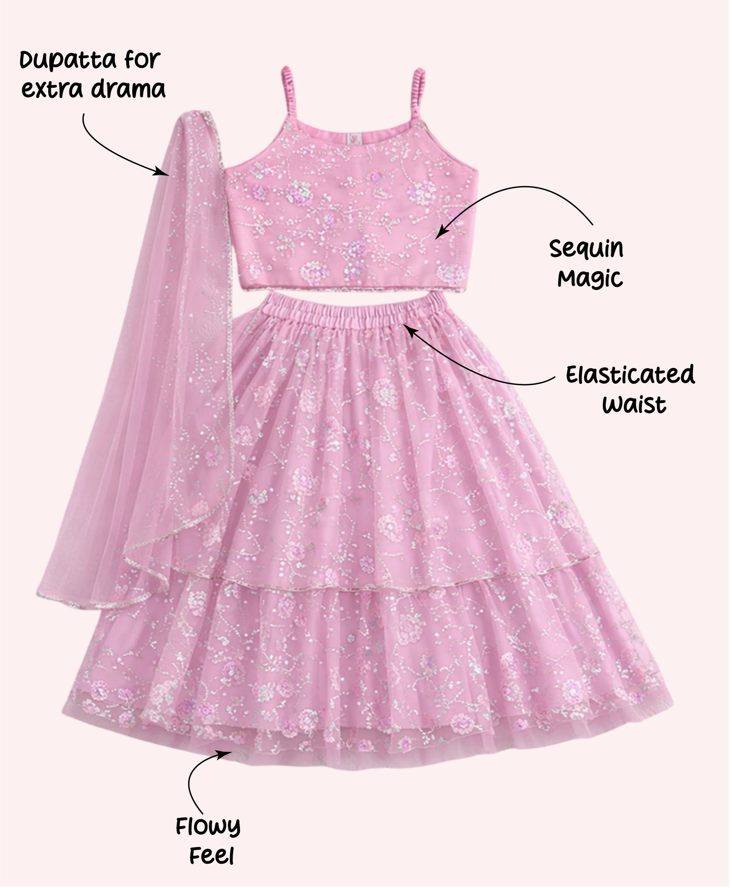 The Magic Wand Woven Strappy Floral Sequine Embroidered Choli And Lehenga Set With Dupatta - Pink